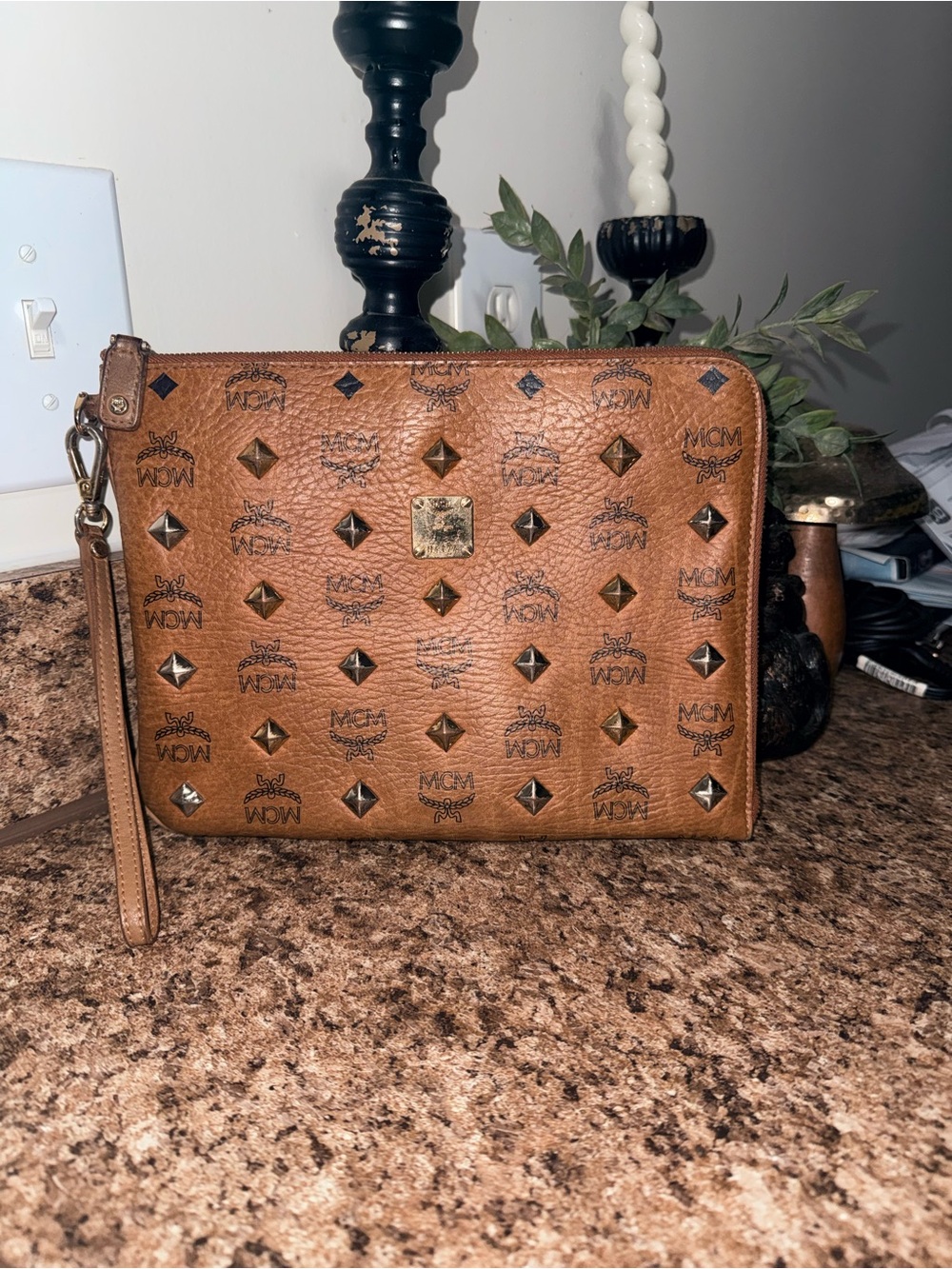 MCM Cognac Logo-Print Studded Leather Wristlet